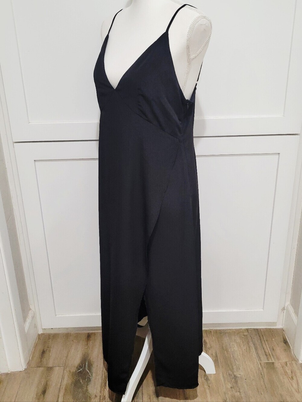 Polly Black Satin Spaghetti Strap Slip Dress | Size 8